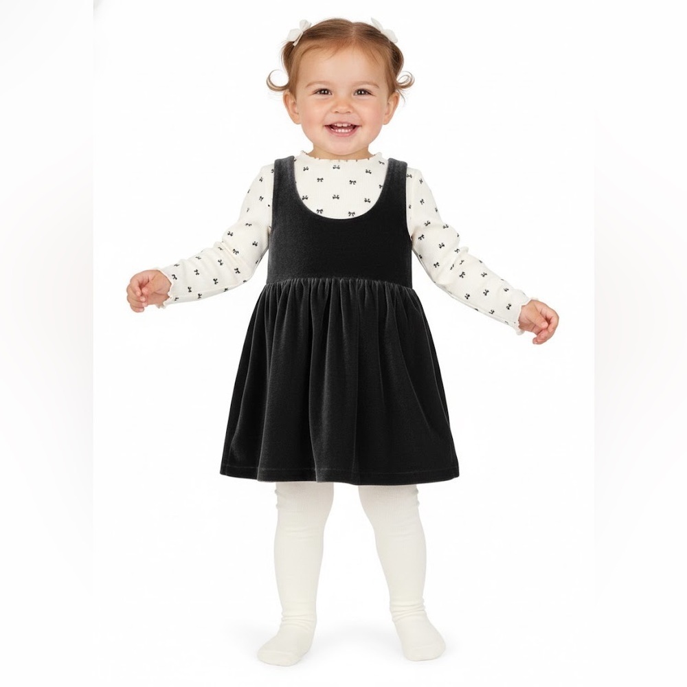 Carter's Adorable Black  Dress with White Long Sleeve And Tights Set 3 Pices